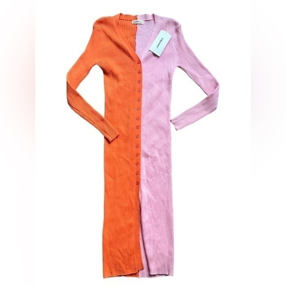 Casual Pink and Orange Long Sleeve Crew Neck Dress